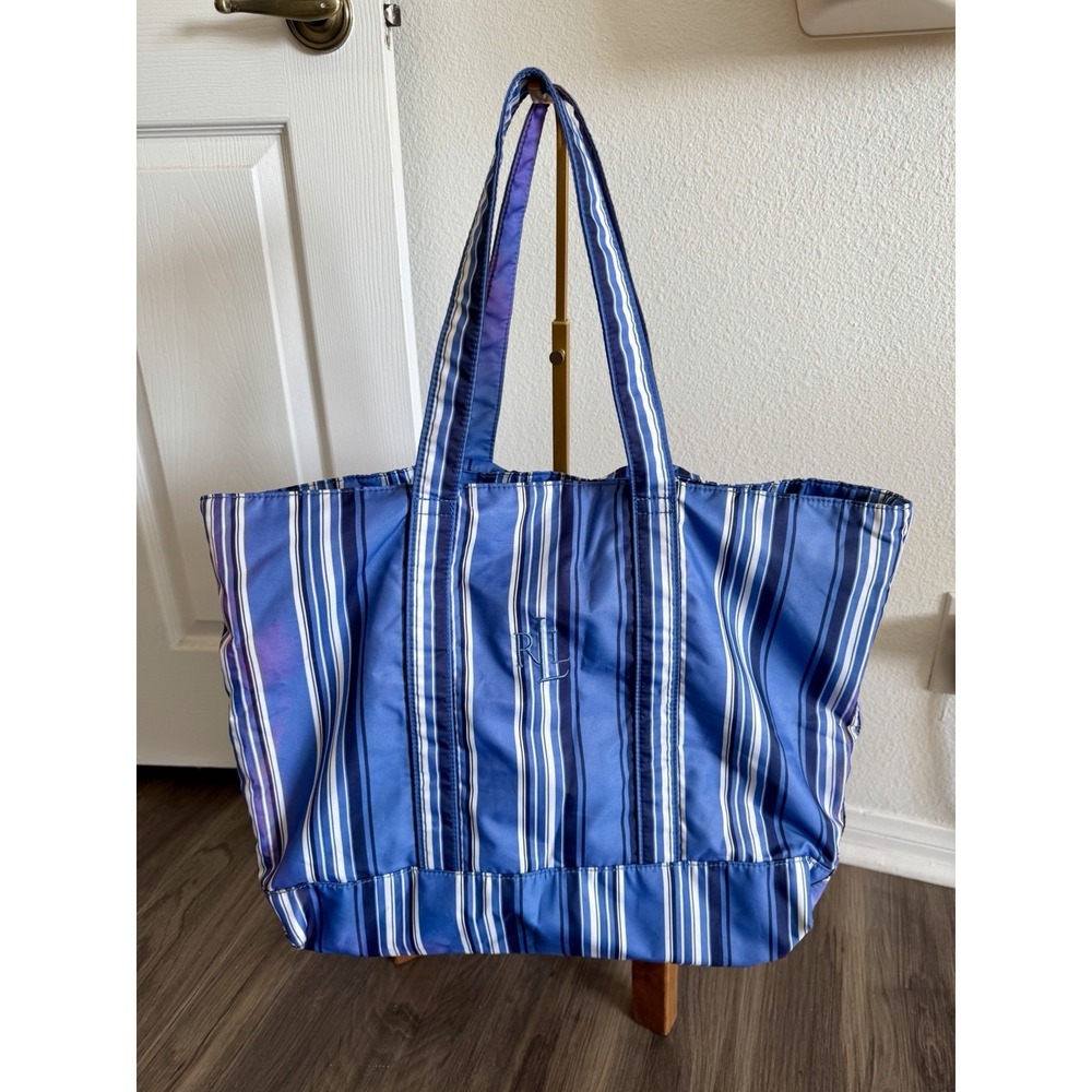 Ralph Lauren Nylon Tote Shoulder Bag Blue Stripe Embroidered RLL Preppy Coastal